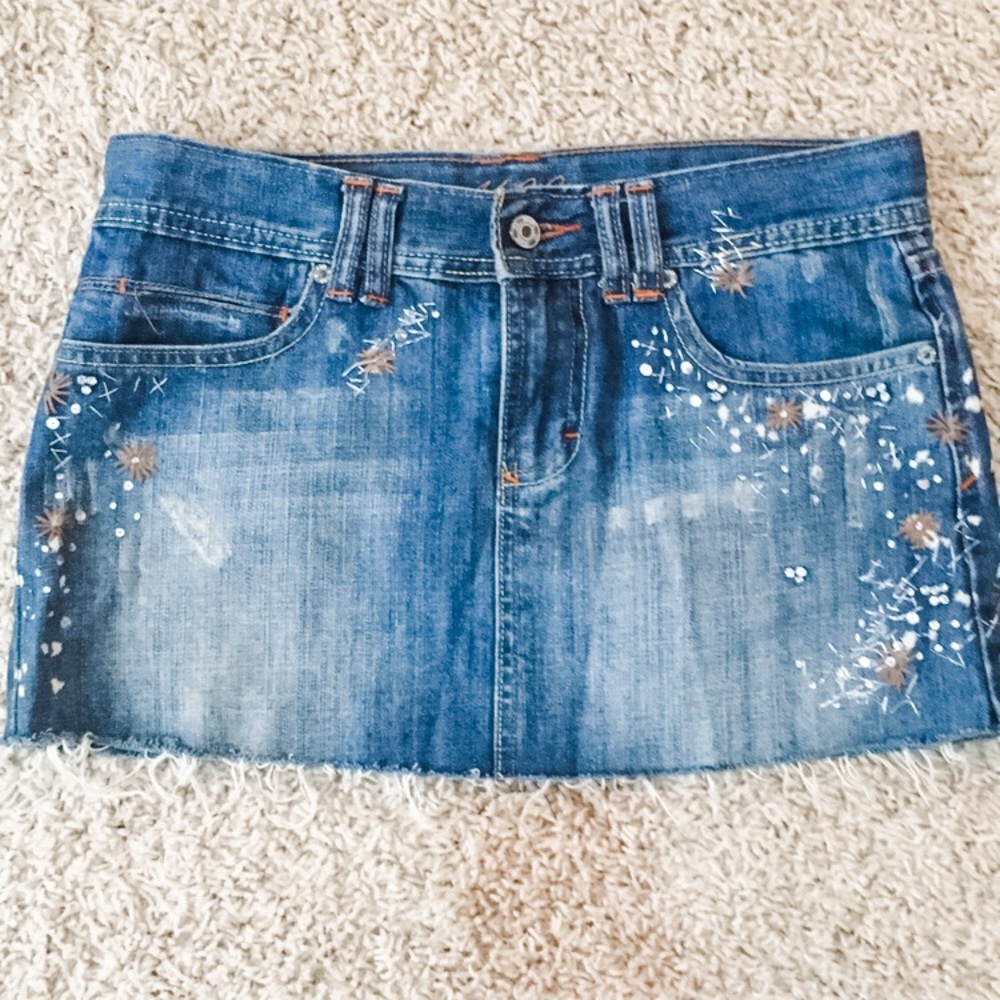 Skirt! Cute Embellished Distressed Jean Mini Skirt
